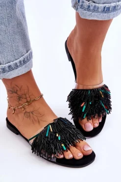 Damskie Klapki Z Modnymi Ozdobami S.Barski KV-576-4 Czarne