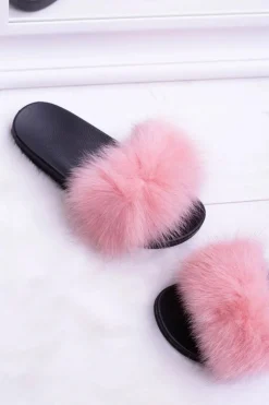 Damskie Klapki z Naturalnym Futerkiem Różowe Naturis