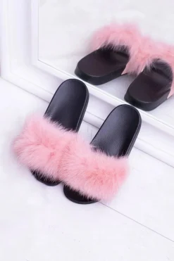 Damskie Klapki z Naturalnym Futerkiem Różowe Naturis