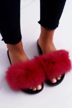 Damskie Klapki z Naturalnym Futerkiem Czerwone Naturis