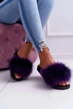 Damskie Klapki z Naturalnym Futerkiem Fioletowe Naturis