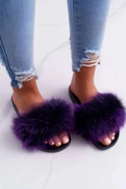 Damskie Klapki z Naturalnym Futerkiem Fioletowe Naturis