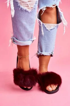 Damskie Klapki z Naturalnym Futerkiem Ciemno Czerwone Naturis