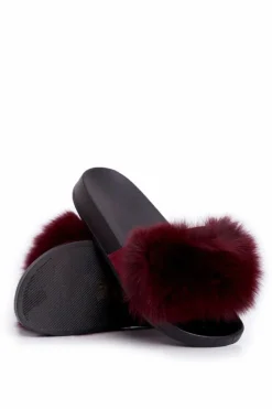 Damskie Klapki z Naturalnym Futerkiem Ciemno Czerwone Naturis