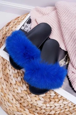 Damskie Klapki z Naturalnym Futerkiem Szafirowe Naturis