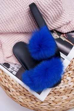 Damskie Klapki z Naturalnym Futerkiem Szafirowe Naturis