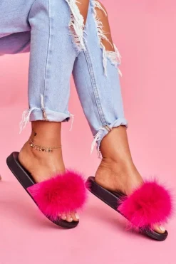 Damskie Klapki z Naturalnym Futerkiem Fuksja Naturis