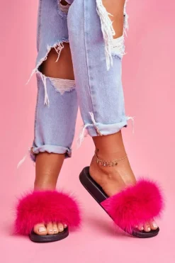 Damskie Klapki z Naturalnym Futerkiem Fuksja Naturis