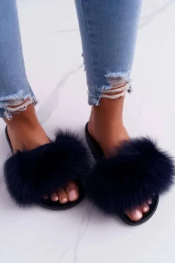 Damskie Klapki z Naturalnym Futerkiem Granatowe Naturis