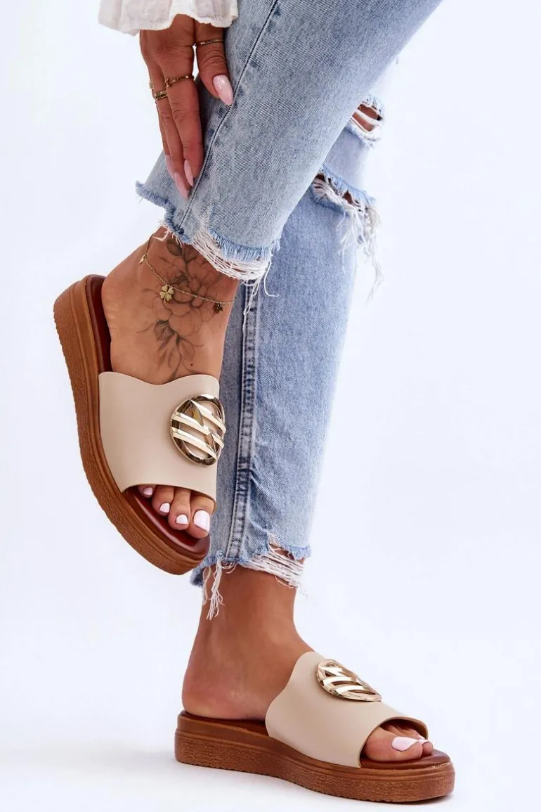 Damskie Klapki Z Ozdobą Beżowe Secrets