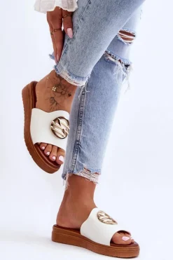 Damskie Klapki Z Ozdobą Białe Secrets