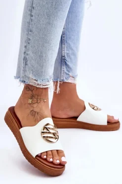 Damskie Klapki Z Ozdobą Białe Secrets