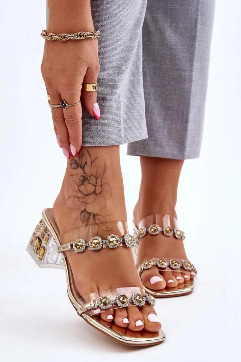 Damskie Klapki Z Ozdobnymi Cyrkoniami Złote Leyla