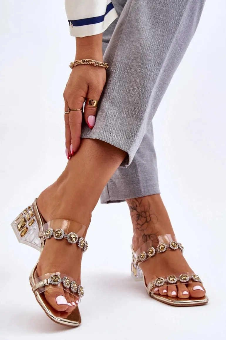 Damskie Klapki Z Ozdobnymi Cyrkoniami Złote Leyla