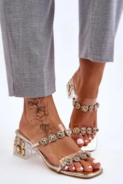 Damskie Klapki Z Ozdobnymi Cyrkoniami Złote Leyla