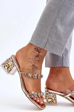 Damskie Klapki Z Ozdobnymi Cyrkoniami Złote Leyla