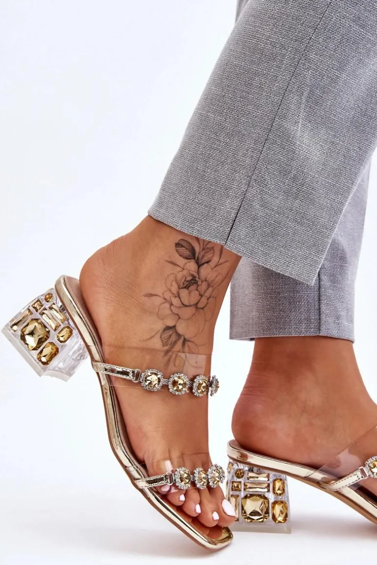 Damskie Klapki Z Ozdobnymi Cyrkoniami Złote Leyla