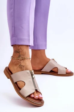 Damskie Klapki Z Ozdobnym Zamkiem Beżowe Lemar Clarence