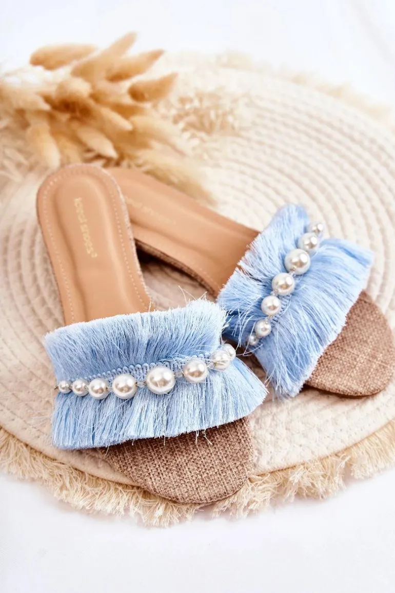 Damskie Klapki Z Ozdobnym Paskiem Niebieskie Ramisa