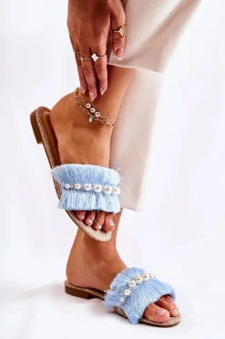 Damskie Klapki Z Ozdobnym Paskiem Niebieskie Ramisa