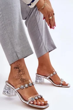 Damskie Klapki Z Ozdobnymi Cyrkoniami Srebrne Leyla