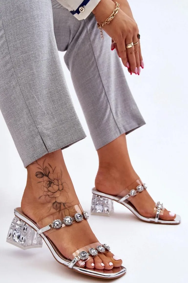 Damskie Klapki Z Ozdobnymi Cyrkoniami Srebrne Leyla