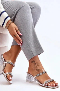 Damskie Klapki Z Ozdobnymi Cyrkoniami Srebrne Leyla