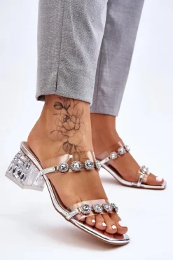 Damskie Klapki Z Ozdobnymi Cyrkoniami Srebrne Leyla