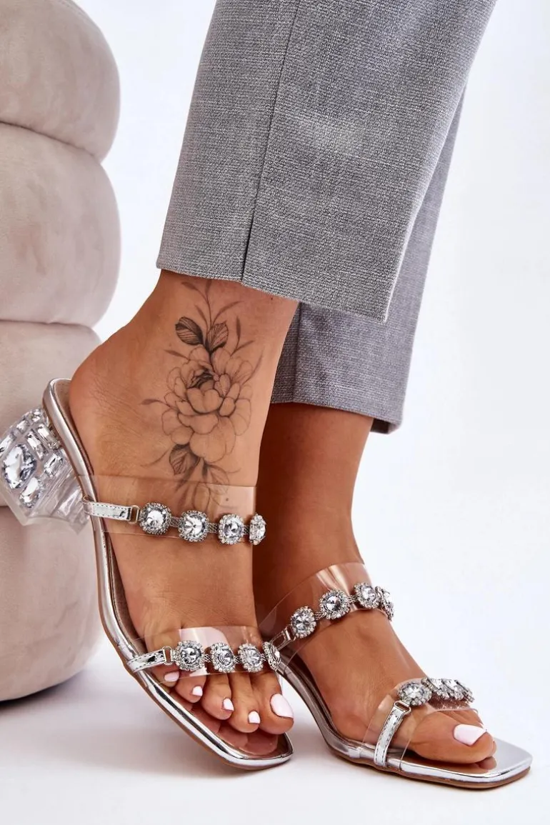 Damskie Klapki Z Ozdobnymi Cyrkoniami Srebrne Leyla