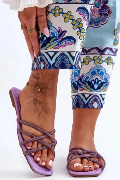 Damskie Klapki Z Paseczkami I Dżetami Fioletowe Leomi