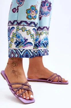 Damskie Klapki Z Paseczkami I Dżetami Fioletowe Leomi