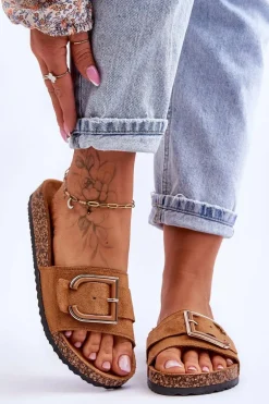 Damskie Klapki Zamszowe Na Platformie Camel Festil