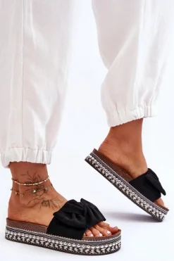 Damskie Klapki Zamszowe Z Kokardą Czarne Lauria