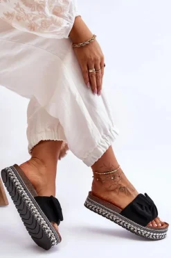 Damskie Klapki Zamszowe Z Kokardą Czarne Lauria