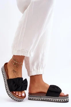 Damskie Klapki Zamszowe Z Kokardą Czarne Lauria