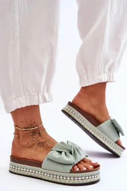 Damskie Klapki Zamszowe Z Kokardą Zielone Lauria