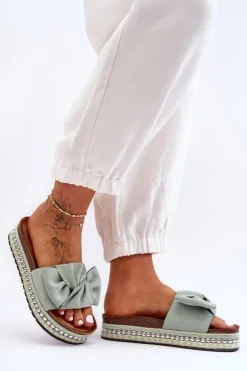 Damskie Klapki Zamszowe Z Kokardą Zielone Lauria