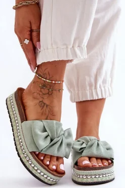 Damskie Klapki Zamszowe Z Kokardą Zielone Lauria