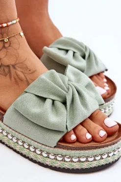 Damskie Klapki Zamszowe Z Kokardą Zielone Lauria