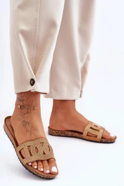 Damskie Klapki Zdobione Ćwiekami Brązowe Evelins