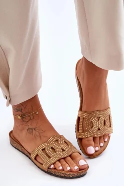 Damskie Klapki Zdobione Ćwiekami Brązowe Evelins