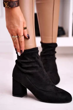 Damskie Klasyczne Botki Na Słupku Zamszowe Czarne Ring