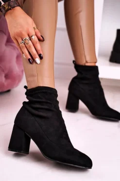 Damskie Klasyczne Botki Na Słupku Zamszowe Czarne Ring