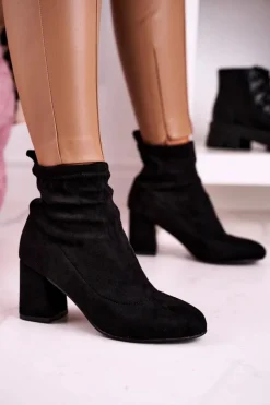 Damskie Klasyczne Botki Na Słupku Zamszowe Czarne Ring