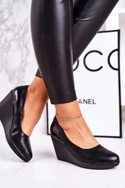 Damskie Klasyczne Czółenka Na Koturnie Lakierowane Czarne Ivonne