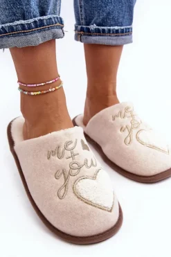 Damskie Klasyczne Kapcie Wsuwane Ocieplane Beżowe Mabira