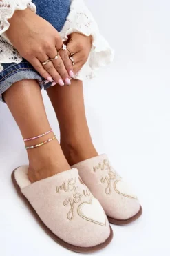 Damskie Klasyczne Kapcie Wsuwane Ocieplane Beżowe Mabira