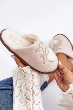 Damskie Klasyczne Kapcie Wsuwane Ocieplane Beżowe Mabira