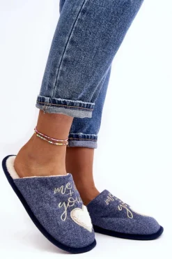 Damskie Klasyczne Kapcie Wsuwane Ocieplane Niebieskie Mabira