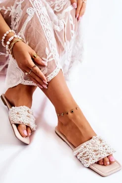 Damskie Klasyczne Klapki Z Perłami Beżowe Calipso